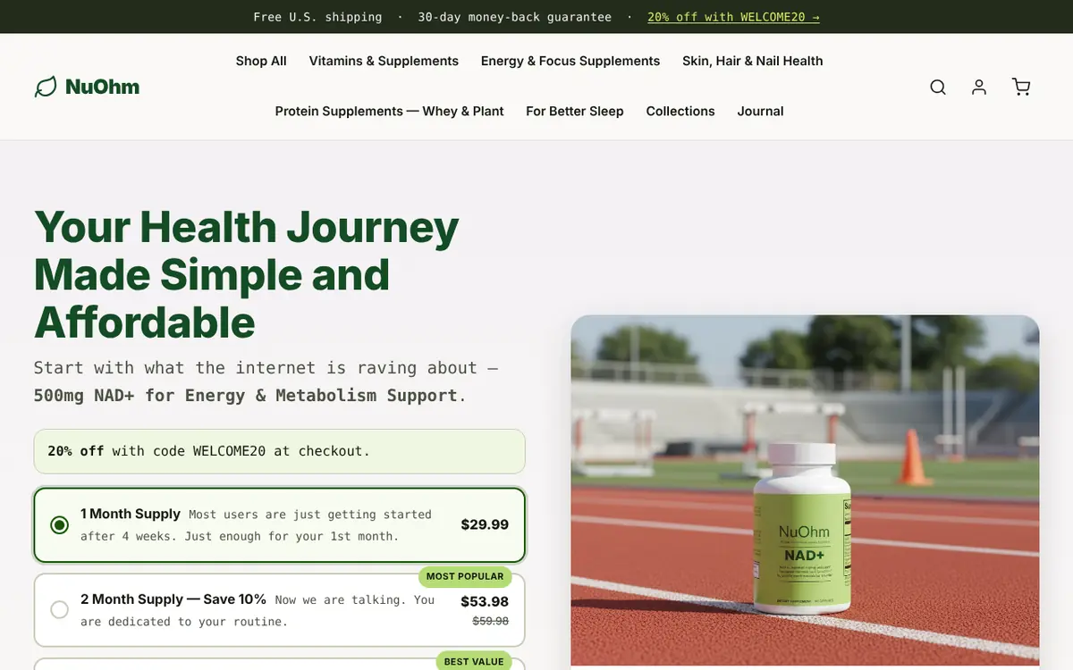 NuOhm storefront with supply options and pricing beside a product photo of a supplement bottle on a running track