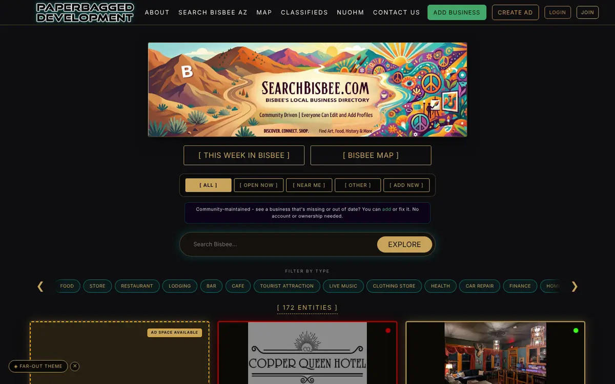 SearchBisbee.com directory homepage with its illustrated desert banner, category filters and search bar